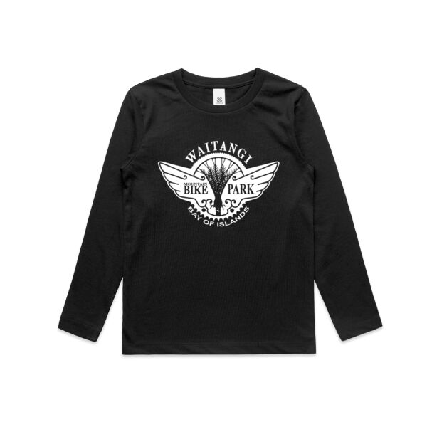 Waitangi MTB Park Kid's Long Sleeve Tee - White Logo Thumbnail